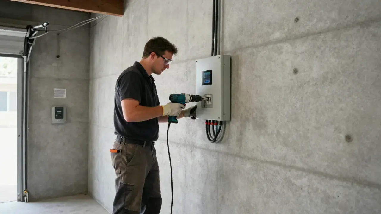 EV Charger Installation in Redondo Beach, California: licensed electrician using a rotary hammer drill to create pilot holes